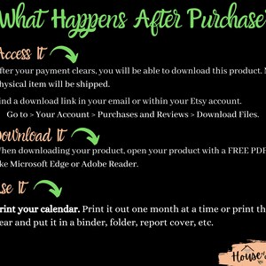 May include: A green and white text graphic on a black background explains the steps to access, download, and use a digital product after purchase. The text includes the words "What Happens After Purchase?", "Access It", "Download It", and "Use It".