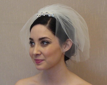 Bridal Two Tier Birdcage Veil with Crystals and Pearls Tiara Comb Light Ivory Off-white White Blush Cream - Ships in 1-3 Business Days