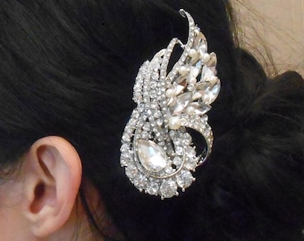 Bridal Hair Comb Wedding Hairpiece Crystals Pearls Silver Vintage Style Hair Piece Jewelry - Ships in 1-3 Business Days