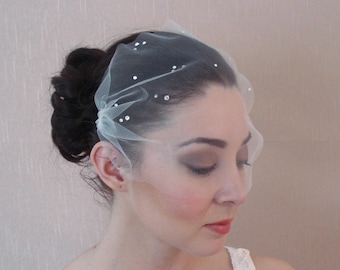 Bandeau Birdcage Veil with Gold Comb Crystals or Pearls – Wedding Headpiece (Ivory/Off-white/Blush)