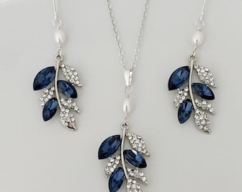 Sapphire Blue Bridal Earrings Necklace Bracelet Crystals Purple Green Red Black Gray Silver Gold RoseGold Freshwater Pearls Ship in 1-3 days