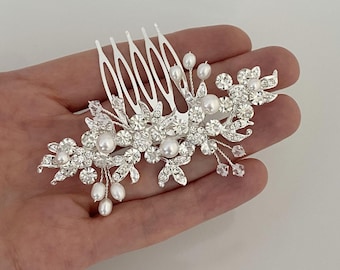 Crystal Pearl Bridal Hair Comb, Silver Wedding Hairpiece