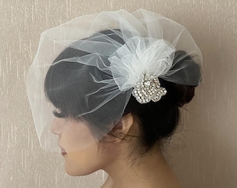 Bridal Birdcage Pouf Veil Crystal Applique Wedding Side Veil Cream Light Ivory Off-white White Blush - Ships in 1-3 Business Days