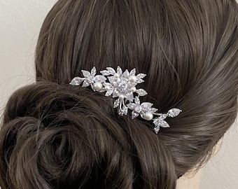 Wedding Hair Comb Bridal Cubic Zirconia Crystals with or without Pearls Earrings Silver Rose Gold Hairpiece Clip Jewelry Ships in 1-3 Days