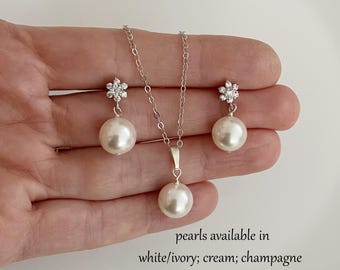 Swarovski Pearl Bridal Jewelry Set: Earrings, Necklace, 925 Sterling Silver