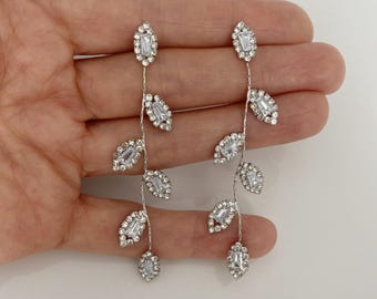 Crystal Leaf Vine Dangle Earrings – Cubic Zirconia Wedding Jewelry, Silver or Gold Long Earrings, Bridesmaid Gift, Ship in 1 Business Day