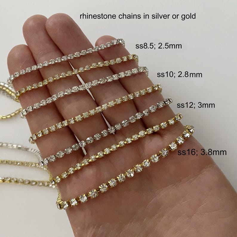 Ss12 Rhinestone Size 10 Yards Rhinestone Cup Chains Silver, Gold, and End Caps SS8-8.5, SS10 ...