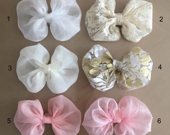 Lace or Organza Hair Bow: Flower Girl Hair Clip or Baby Nylon Headband 4.5 inches Girls Hair Bow on Silver or Gold Alligator Clip