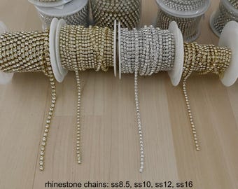 10 Yards Rhinestone Cup Chains Silver, Gold, and End Caps SS8-8.5, SS10, SS12, SS16; 50pcs per Package for Jewelry Making Ship in 1 Day