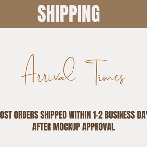 May include: A graphic with the word "SHIPPING" in white block letters on a brown background. Below, the words "Arrival Times" are written in a cursive font. The text "MOST ORDERS SHIPPED WITHIN 1-2 BUSINESS DAYS AFTER MOCKUP APPROVAL" is also displayed.