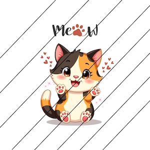 Cute Calico Cat Clipart - Kawaii Cartoon Kitty with White Background | Digital Download