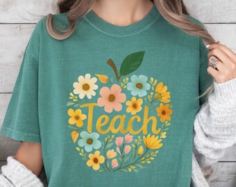 Camiseta floral para maestros, camiseta moderna de Apple para enseñar, ropa para maestros, camiseta de agradecimiento para maestros de regreso a clases, ropa amarilla con flores para maestros