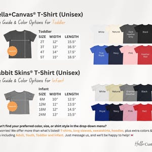 Op de afbeelding: Maattabel voor Bella+Canvas en Rabbit Skins T-shirts in de maten peuter en baby. De tabel toont de maat, breedte en lengte van elk shirt in inches. De tabel toont ook de verschillende beschikbare kleuropties voor elk shirt.