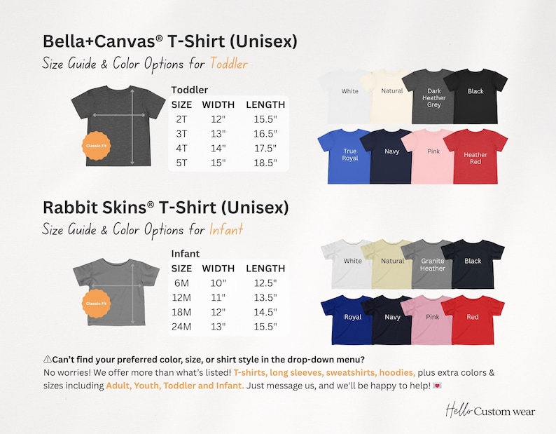 Op de afbeelding: Maattabel voor Bella+Canvas en Rabbit Skins T-shirts in de maten peuter en baby. De tabel toont de maat, breedte en lengte van elk shirt in inches. De tabel toont ook de verschillende beschikbare kleuropties voor elk shirt.