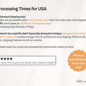 Op de afbeelding: Een afbeelding met tekst die "Processing Times for USA" luidt. De tekst legt uit dat bestellingen binnen 2-5 werkdagen worden verwerkt en verzonden via USPS, wat nog eens 2-5 werkdagen duurt. De afbeelding bevat ook een waarschuwing dat bestellingen die tijdens de feestdagen worden geplaatst, mogelijk langer duren. De afbeelding eindigt met een positieve beoordeling van een klant die zijn bestelling snel heeft ontvangen.