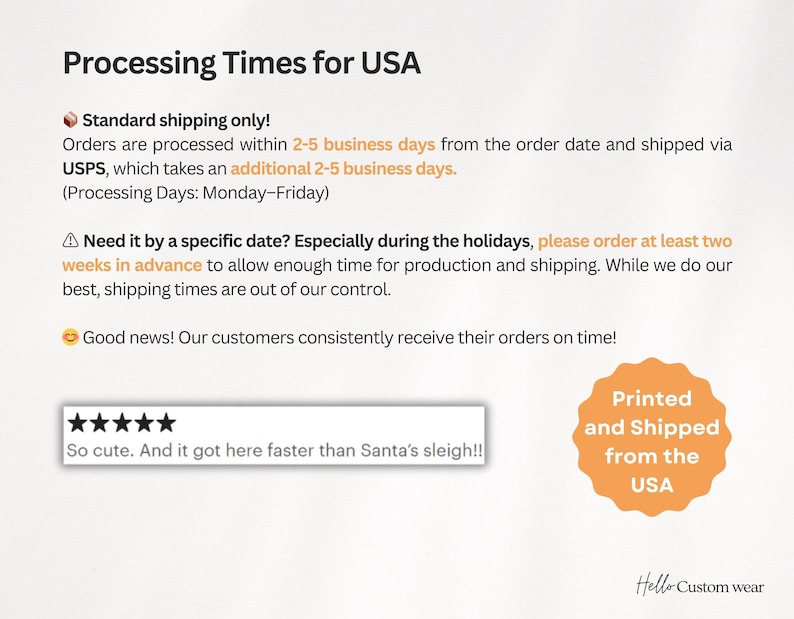 Op de afbeelding: Een afbeelding met tekst die "Processing Times for USA" luidt. De tekst legt uit dat bestellingen binnen 2-5 werkdagen worden verwerkt en verzonden via USPS, wat nog eens 2-5 werkdagen duurt. De afbeelding bevat ook een waarschuwing dat bestellingen die tijdens de feestdagen worden geplaatst, mogelijk langer duren. De afbeelding eindigt met een positieve beoordeling van een klant die zijn bestelling snel heeft ontvangen.