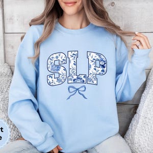 SLP Sweatshirt, Floral Speech Language Pathologist Gift, Toile Bow Coquette Speech Therapist, Speech Teacher Pullover, Graduation Sweater image 2