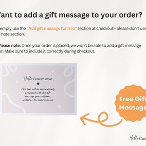 Op de afbeelding: Een afbeelding met een oranje cirkel met de tekst "Gratis cadeau-bericht" en een pijl die wijst naar een witte kaart met de tekst "Hello Custom wear" en een bericht over het toevoegen van een cadeau-bericht aan een bestelling.