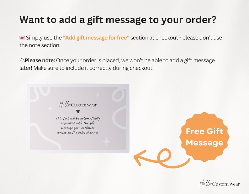 Op de afbeelding: Een afbeelding met een oranje cirkel met de tekst "Gratis cadeau-bericht" en een pijl die wijst naar een witte kaart met de tekst "Hello Custom wear" en een bericht over het toevoegen van een cadeau-bericht aan een bestelling.