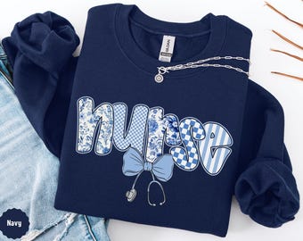 Floral Nurse Sweatshirt Stethoscope Bow Sweater Blue Coquette Nurse Flower Shirt Cute RN Gift Ideas Nurse Graduation Gift Nurse Appreciation