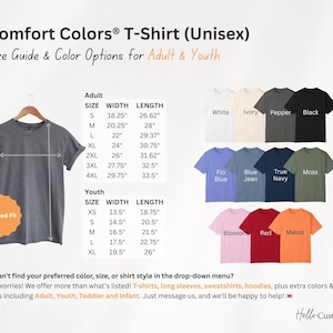 Op de afbeelding: Een maattabel voor unisex T-shirts in verschillende kleuren, waaronder wit, ivoor, peper, zwart, flo blauw, jeansblauw, donkerblauw, mos, bloesem, rood en meloen. De tabel toont de breedte- en lengtematen voor volwassenen en kindermaten. De tekst "Comfort Colors&reg; T-Shirt (Unisex)" en "Maattabel & Kleuropties voor volwassenen & jongeren" staat bovenaan de tabel.
