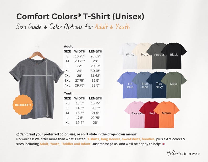 Op de afbeelding: Een maattabel voor unisex T-shirts in verschillende kleuren, waaronder wit, ivoor, peper, zwart, flo blauw, jeansblauw, donkerblauw, mos, bloesem, rood en meloen. De tabel toont de breedte- en lengtematen voor volwassenen en kindermaten. De tekst "Comfort Colors&reg; T-Shirt (Unisex)" en "Maattabel & Kleuropties voor volwassenen & jongeren" staat bovenaan de tabel.