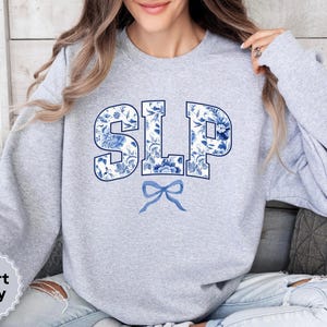 SLP Sweatshirt, Floral Speech Language Pathologist Gift, Toile Bow Coquette Speech Therapist, Speech Teacher Pullover, Graduation Sweater image 7