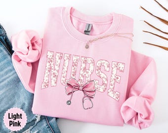 Pink Nurse Toile Bow Sweatshirt, Stethoscope Coquette Soft Girl Gift, Registered Nurse Graduation Crewneck, Healthcare Worker Gift for Women