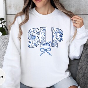SLP Sweatshirt, Floral Speech Language Pathologist Gift, Toile Bow Coquette Speech Therapist, Speech Teacher Pullover, Graduation Sweater image 3