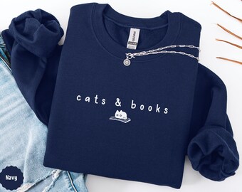 Sudadera con libros y gatos, suéter para amantes de los libros, camiseta de lectura, cuello redondo para lectores, idea de regalo para club de lectura, regalo de graduación para bibliotecarios, suéter para ratones de biblioteca