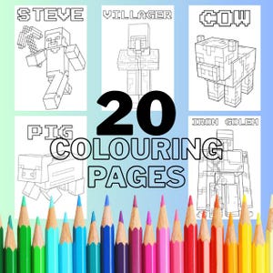 Pode incluir: Um conjunto de 20 páginas para colorir com personagens do Minecraft, incluindo Steve, Villager, Cow, Pig e Iron Golem. As páginas são desenhos de linha em preto e branco, perfeitos para colorir. Uma fileira de lápis de cor na parte inferior.