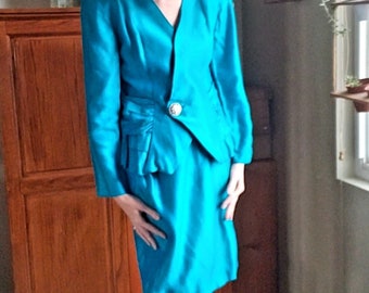 70s/80s Skirt Suit, Leslie Fay, Vibrant Aqua, Vintage Skirt Suit, Blazer and Skirt, Unique Vintage Outfit, Vintage Skirt Set