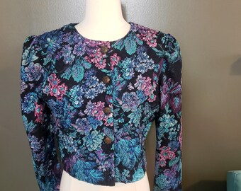 1980s/90s Caroline Wells Vintage Quilted Cropped Floral Blazer