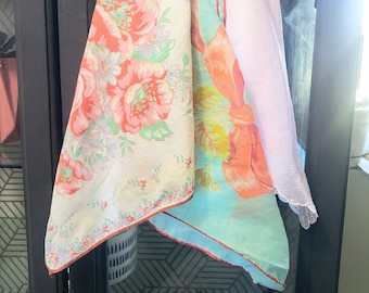 Set of 3 Vintage Handkerchiefs, Pink and Aqua Floral Handkerchiefs