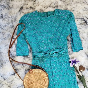 1990s Vintage Paquette Too! Teal and Purple Floral Jumpsuit
