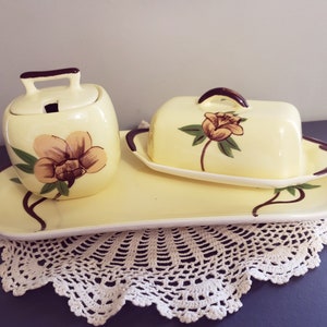 Set of Vintage 1940s Weil Ware Yellow Rose, Hand Decorated, Made in California