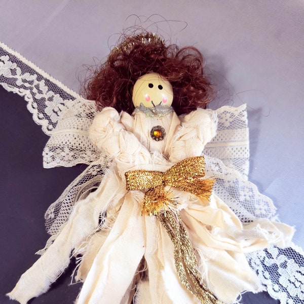 Vintage Layered Fabric Angel with Lace Wings and Gold Accents