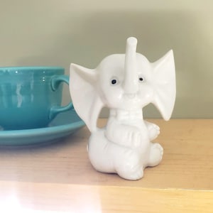 1970s Vintage White Ceramic Japanese Elephant Figurine with Bow Tie