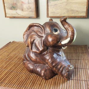 1970s Vintage Brown Hand Painted Ceramic Elephant Figurine