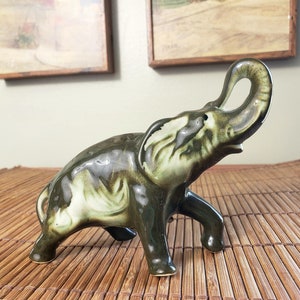1970s Vintage Ceramic Elephant Figurine with Raised Trunk