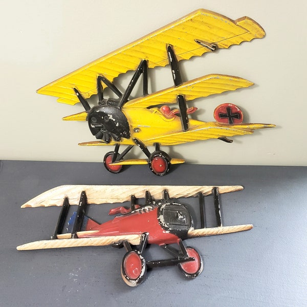 Set of Two 1975 Vintage Homeco Cast Metal Biplanes Wall Decor, 1232 BX-b and BX-c