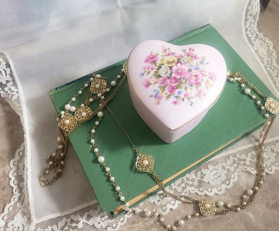 Vintage Pink Floral Porcelain Heart Shaped Trinke… - image 1