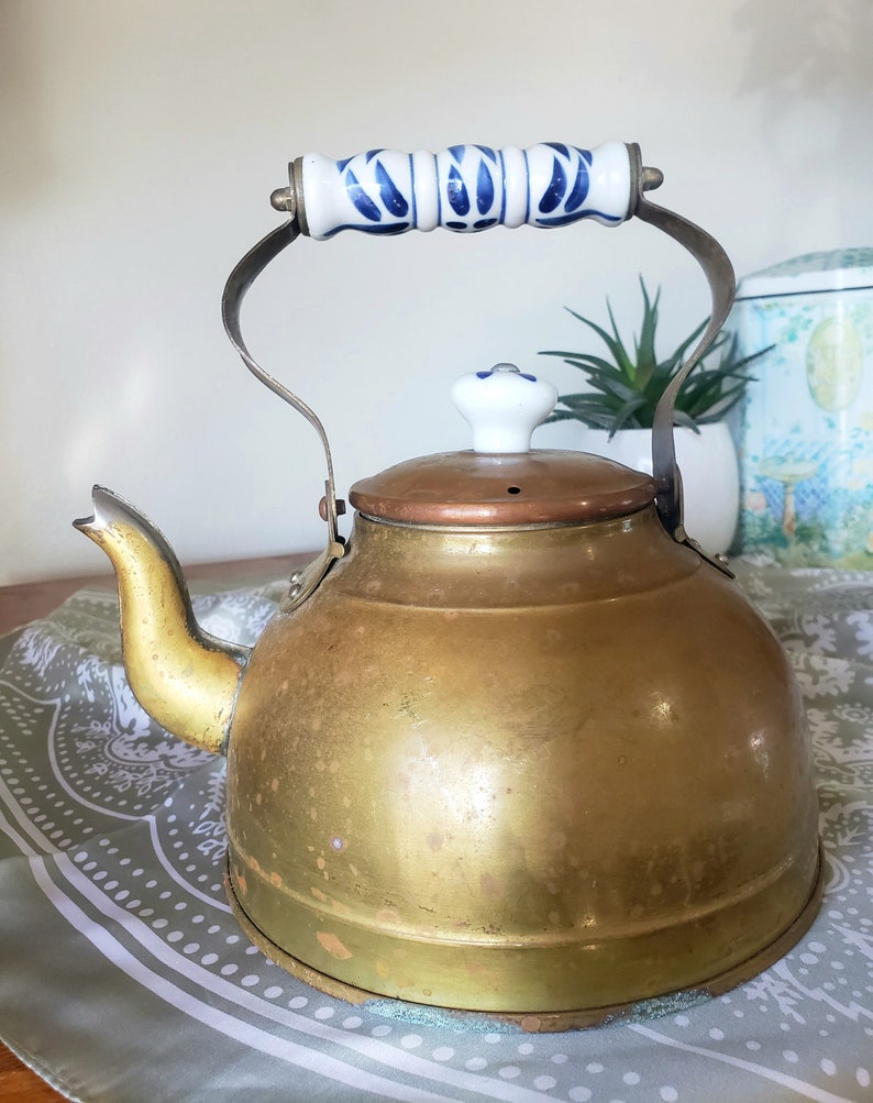 Vintage Copper Kettle With Porcelain Handle Vintage Teapot Etsy