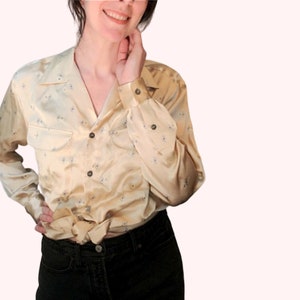 Vintage Gold Button Up, Silk Blouse, Gold Silk Top, Evan Picone 80s/90s, Professional Collared Work Shirt, Retro
