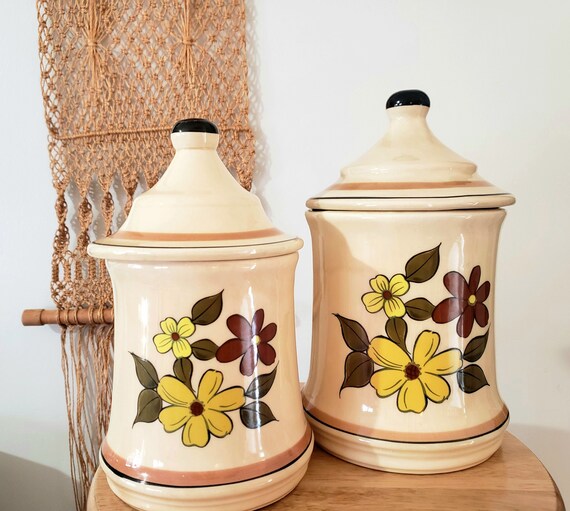 Set of Two 1970s MCM Vintage Kitchen Canisters, Mid Century Modern Kitchen,  70s Cookie Jar, Flour Canisters, Vintage Tea Storage 