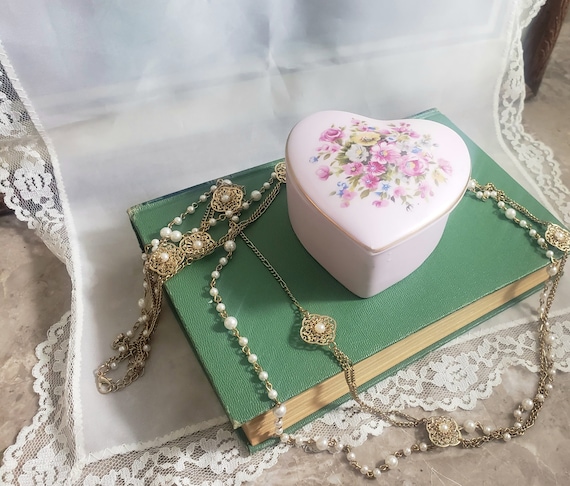 Vintage Pink Floral Porcelain Heart Shaped Trinke… - image 2