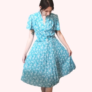 Vintage Blue Dress, Accordion Pleated Skirt, Whirlaway, Made in USA, 1980s dress, lace collar