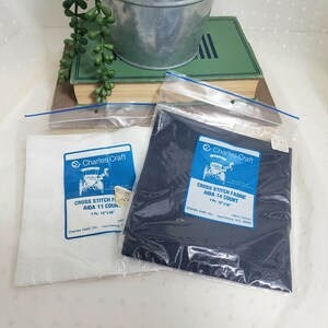 Lot of 2 Charles Craft Cross Stitch Fabric 12&quot; x 18&quot;, White 11 Count and Navy Blue 14 Count