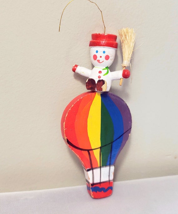 Vintage Wooden Snowman on a Rainbow Hot Air Balloon Ornament hanging String  Loop is Broken 