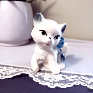 Vintage Small Japanese Ceramic Cat Figurine with Blue, Desk Buddy